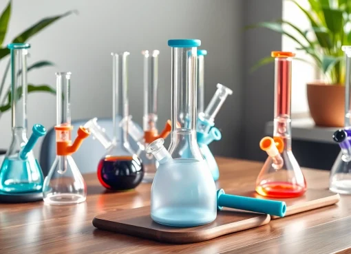 Explore a diverse selection of bongs displayed elegantly on a wooden table, showcasing various materials and colors.